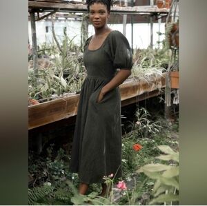 Green Casual Puff Sleeve Midi Sundress